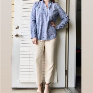 Talbots Gingham Floral Embroidered Popover Shirt S